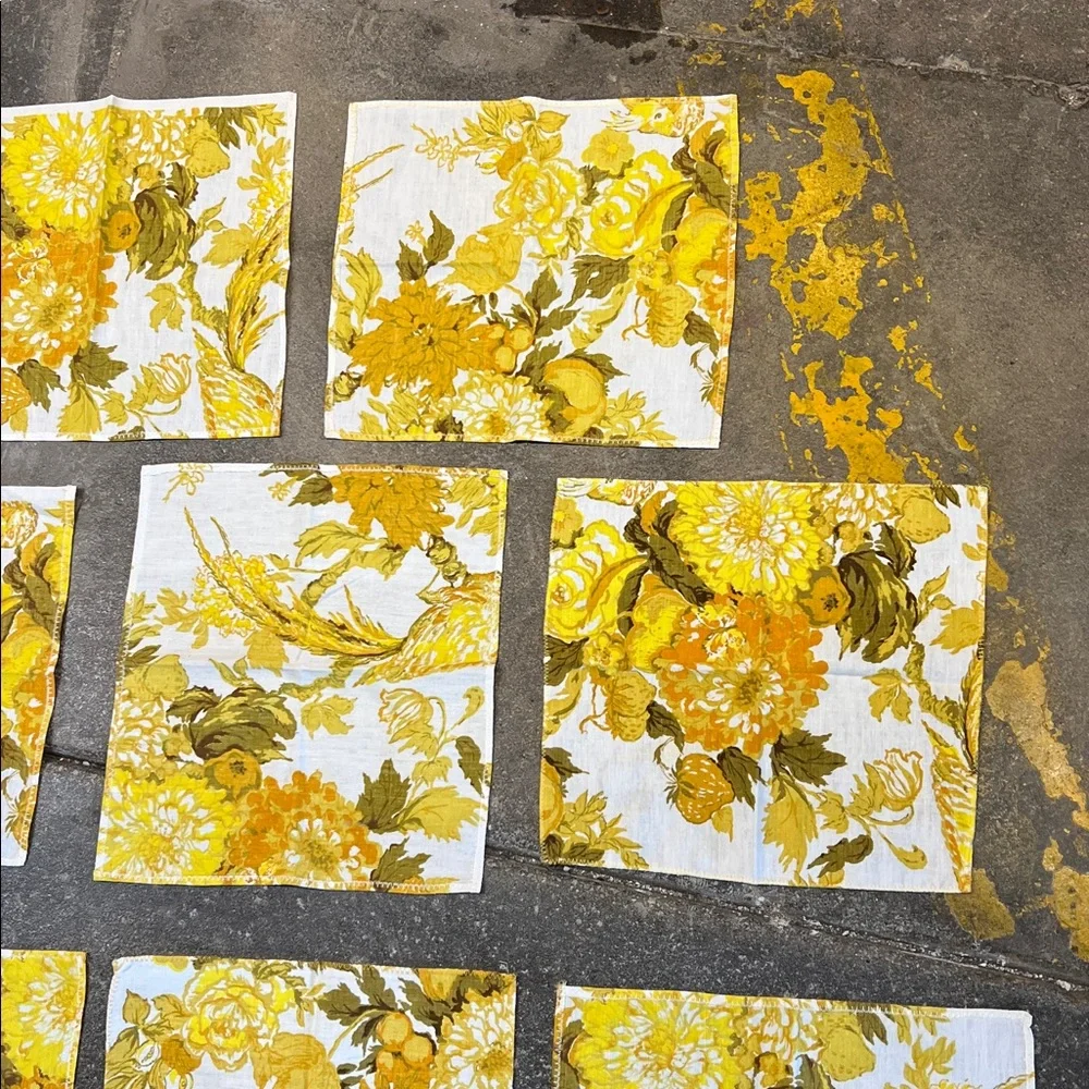 Vintage set of 10 asst size’s floral gold / yellow napkins handmade zig zag hems